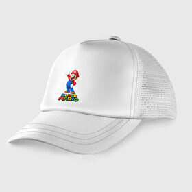 Детская кепка тракер с принтом Super Mario в Рязани, Козырек - 100% хлопок. Кепка - 100% полиэстер, Задняя часть - сетка | универсальный размер, пластиковая застёжка | видеоигра | игра | марио | персонаж