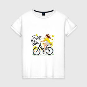 Женская футболка хлопок с принтом Велосипедистка в Рязани, 100% хлопок | прямой крой, круглый вырез горловины, длина до линии бедер, слегка спущенное плечо | велосипед | девушка | желтый | лето | подсолнухи | спорт