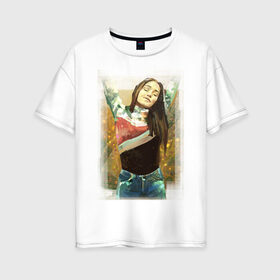 Женская футболка хлопок Oversize с принтом Сигрид в Рязани, 100% хлопок | свободный крой, круглый ворот, спущенный рукав, длина до линии бедер
 | bliss | sigrid | девушка | певица | потягивание | радость | сигрид