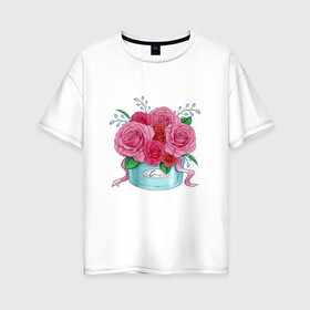 Женская футболка хлопок Oversize с принтом Букет Роз в Рязани, 100% хлопок | свободный крой, круглый ворот, спущенный рукав, длина до линии бедер
 | красный | розы | тюльпаны | цветы
