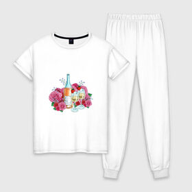 Женская пижама хлопок с принтом Романтический пикник в Рязани, 100% хлопок | брюки и футболка прямого кроя, без карманов, на брюках мягкая резинка на поясе и по низу штанин | винишко | еда | красный | розы | романтика | тюльпаны | цветы