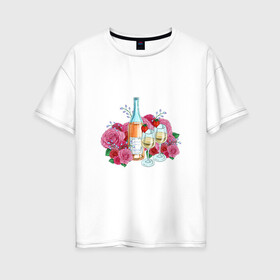 Женская футболка хлопок Oversize с принтом Романтический пикник в Рязани, 100% хлопок | свободный крой, круглый ворот, спущенный рукав, длина до линии бедер
 | винишко | еда | красный | розы | романтика | тюльпаны | цветы