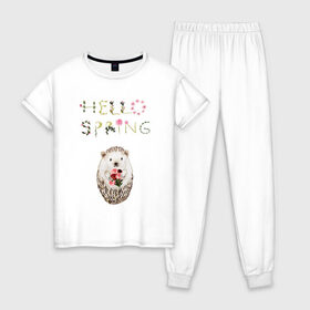 Женская пижама хлопок с принтом Hello Spring! в Рязани, 100% хлопок | брюки и футболка прямого кроя, без карманов, на брюках мягкая резинка на поясе и по низу штанин | 8 марта | dreams | всемирный женский день | ежик | иголки | цветы
