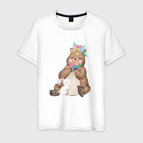 Мужская футболка хлопок с принтом Медведица в Рязани, 100% хлопок | прямой крой, круглый вырез горловины, длина до линии бедер, слегка спущенное плечо. | мама | медвежонок | цветы