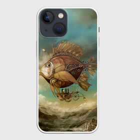 Чехол для iPhone 13 mini с принтом Рыба дирижабль в Рязани,  |  | steampunk | биомеханика | воздушный шар | горы | дережабль | дирижабль | карась | коричневый | летательный  аппарат | медь | механика | парусник | пиранья | рыба | рыбка | сепия | стим | стимпанк