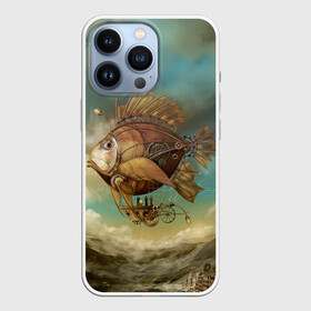 Чехол для iPhone 13 Pro с принтом Рыба дирижабль в Рязани,  |  | steampunk | биомеханика | воздушный шар | горы | дережабль | дирижабль | карась | коричневый | летательный  аппарат | медь | механика | парусник | пиранья | рыба | рыбка | сепия | стим | стимпанк