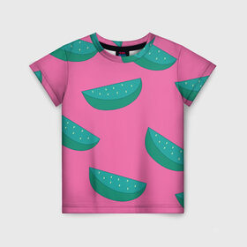 Детская футболка 3D с принтом Арбузы на розовом в Рязани, 100% гипоаллергенный полиэфир | прямой крой, круглый вырез горловины, длина до линии бедер, чуть спущенное плечо, ткань немного тянется | Тематика изображения на принте: арбуз | зеленый | летний | паттерн | подарок | простой | розовыйй | тропический | узор | фрукт