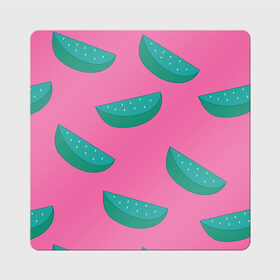 Магнит виниловый Квадрат с принтом Арбузы на розовом в Рязани, полимерный материал с магнитным слоем | размер 9*9 см, закругленные углы | Тематика изображения на принте: арбуз | зеленый | летний | паттерн | подарок | простой | розовыйй | тропический | узор | фрукт