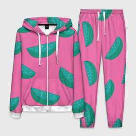Мужской костюм 3D с принтом Арбузы на розовом в Рязани, 100% полиэстер | Манжеты и пояс оформлены тканевой резинкой, двухслойный капюшон со шнурком для регулировки, карманы спереди | Тематика изображения на принте: арбуз | зеленый | летний | паттерн | подарок | простой | розовыйй | тропический | узор | фрукт