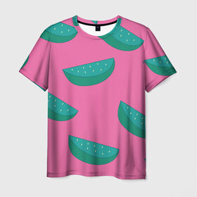 Мужская футболка 3D с принтом Арбузы на розовом в Рязани, 100% полиэфир | прямой крой, круглый вырез горловины, длина до линии бедер | Тематика изображения на принте: арбуз | зеленый | летний | паттерн | подарок | простой | розовыйй | тропический | узор | фрукт