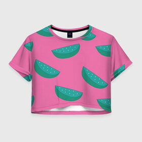 Женская футболка Crop-top 3D с принтом Арбузы на розовом в Рязани, 100% полиэстер | круглая горловина, длина футболки до линии талии, рукава с отворотами | Тематика изображения на принте: арбуз | зеленый | летний | паттерн | подарок | простой | розовыйй | тропический | узор | фрукт