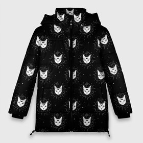 Женская зимняя куртка 3D с принтом Светящиеся мордочки котов в Рязани, верх — 100% полиэстер; подкладка — 100% полиэстер; утеплитель — 100% полиэстер | длина ниже бедра, силуэт Оверсайз. Есть воротник-стойка, отстегивающийся капюшон и ветрозащитная планка. 

Боковые карманы с листочкой на кнопках и внутренний карман на молнии | tegunvteg | звезды | кот | кошка | луна | ночь | светящийся