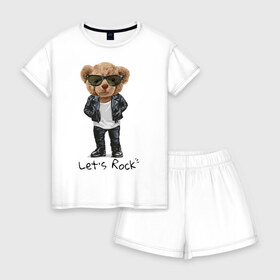 Женская пижама с шортиками хлопок с принтом Мишка рокер в Рязани, 100% хлопок | футболка прямого кроя, шорты свободные с широкой мягкой резинкой | lets | rock | джинсы | куртка | мишка | очки | плюшевый | рок | фраза