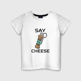 Детская футболка хлопок с принтом Say Cheese в Рязани, 100% хлопок | круглый вырез горловины, полуприлегающий силуэт, длина до линии бедер | Тематика изображения на принте: awp | breeki | cheeki | counter | cs | easy | everyday | ez | gg | go | just | katka | kill | knife | lemon | luck | mid | no | one | plant | pz | rush | shot | skill | smoke | squeeze | strike | wp | вп | гг | изи | катка | контра