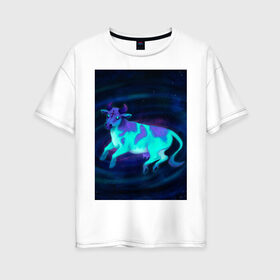Женская футболка хлопок Oversize с принтом Космо-корова в Рязани, 100% хлопок | свободный крой, круглый ворот, спущенный рукав, длина до линии бедер
 | галактика | инопланетянин | корова | космическая | космос