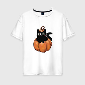 Женская футболка хлопок Oversize с принтом Кот в тыкве в Рязани, 100% хлопок | свободный крой, круглый ворот, спущенный рукав, длина до линии бедер
 | котик в тыкве | кошка | милый котенок | тыква | хеллоуин | черный кот