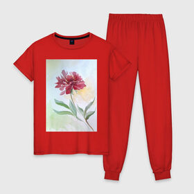 Женская пижама хлопок с принтом Пион в Рязани, 100% хлопок | брюки и футболка прямого кроя, без карманов, на брюках мягкая резинка на поясе и по низу штанин | tgcarpg | акварель | живопись | искусство | красный | пион | цветок