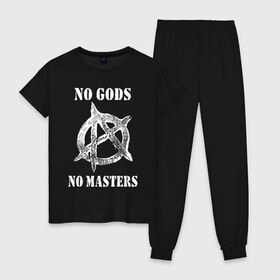 Женская пижама хлопок с принтом NO GODS NO MASTERS в Рязани, 100% хлопок | брюки и футболка прямого кроя, без карманов, на брюках мягкая резинка на поясе и по низу штанин | anarchy | ateist | freedom | no gods | no masters | punk | rock | tegunvteg | анархия | атеизм | граффити | логотип | нет бога | нет хозяина | панк | рок