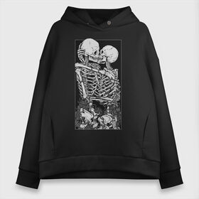 Женское худи Oversize хлопок с принтом LOVERS AFTER DEATH в Рязани, френч-терри — 70% хлопок, 30% полиэстер. Мягкий теплый начес внутри —100% хлопок | боковые карманы, эластичные манжеты и нижняя кромка, капюшон на магнитной кнопке | до гроба | любовь | поцелуй | розы | скилет | скилеты | целуются | шипы