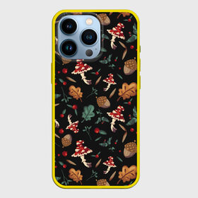 Чехол для iPhone 13 Pro с принтом Лесной принт с мухоморами в Рязани,  |  | грибы | желуди | лесной | листья | мухоморы | узор | черный