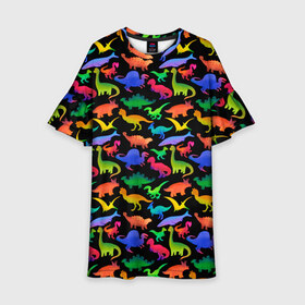 Детское платье 3D с принтом Яркие динозавры в Рязани, 100% полиэстер | прямой силуэт, чуть расширенный к низу. Круглая горловина, на рукавах — воланы | Тематика изображения на принте: дино | динозавры | диносы | разноцветные | хищные | цветные | юрский период