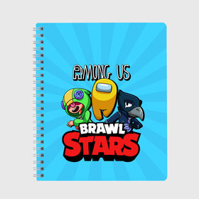 Тетрадь с принтом Among Us and Brawl Stars в Рязани, 100% бумага | 48 листов, плотность листов — 60 г/м2, плотность картонной обложки — 250 г/м2. Листы скреплены сбоку удобной пружинной спиралью. Уголки страниц и обложки скругленные. Цвет линий — светло-серый
 | among us | brawl | brawl stars | crewmate | crow | game | impostor | leon | logo | red | stars | sus | suspicious | амонг ac | амонгас | бравл старс | бравлы | ворон | игра | игры | импостер | космонавт | космос | крюмейт | леон | лого | логотип