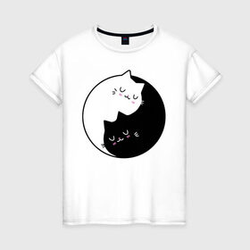 Женская футболка хлопок с принтом Yin and Yang cats в Рязани, 100% хлопок | прямой крой, круглый вырез горловины, длина до линии бедер, слегка спущенное плечо | anime | cat | cats | kitten | love | philosophy | yang | yin | yoga | аниме | инь | йога | кот | котенок | котик | котики | коты | любовь | противоположность | сердце | философия | ян