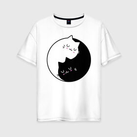 Женская футболка хлопок Oversize с принтом Yin and Yang cats в Рязани, 100% хлопок | свободный крой, круглый ворот, спущенный рукав, длина до линии бедер
 | anime | cat | cats | kitten | love | philosophy | yang | yin | yoga | аниме | инь | йога | кот | котенок | котик | котики | коты | любовь | противоположность | сердце | философия | ян