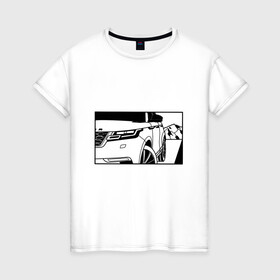 Женская футболка хлопок с принтом Range Rover Evoque Черно-белый в Рязани, 100% хлопок | прямой крой, круглый вырез горловины, длина до линии бедер, слегка спущенное плечо | range rover evoque | горы | дорога | иллюстрация | колеса | машина | фары | черно белый