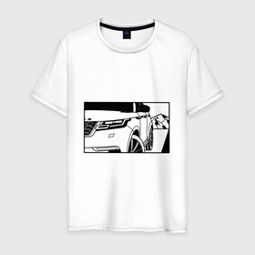 Мужская футболка хлопок с принтом Range Rover Evoque Черно-белый в Рязани, 100% хлопок | прямой крой, круглый вырез горловины, длина до линии бедер, слегка спущенное плечо. | range rover evoque | горы | дорога | иллюстрация | колеса | машина | фары | черно белый