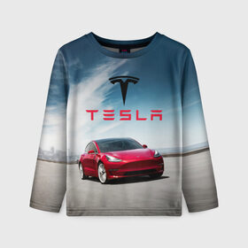 Детский лонгслив 3D с принтом Tesla Model 3 в Рязани, 100% полиэстер | длинные рукава, круглый вырез горловины, полуприлегающий силуэт
 | 3 | america | auto | car | electric | elon | model | motors | musk | tesla | usa | vehicle | авто | америка | илон | маск | модель | сша | тесла | электромобиль