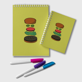Блокнот с принтом Бургер в разборе в Рязани, 100% бумага | 48 листов, плотность листов — 60 г/м2, плотность картонной обложки — 250 г/м2. Листы скреплены удобной пружинной спиралью. Цвет линий — светло-серый
 | fastfood | food | pattern | бургер | бургер кинг | гамбургер | еда | макдональдс | паттерн | фастфуд