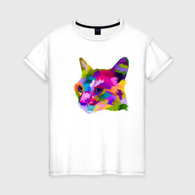 Женская футболка хлопок с принтом Pop Cat в Рязани, 100% хлопок | прямой крой, круглый вырез горловины, длина до линии бедер, слегка спущенное плечо | art | cat | colorful | mem | meme | memes | music | pop | rainbow | retro | style | арт | буп | кот | котенок | котик | котэ | краски | красочный | мем | мемы | музыка | ретро
