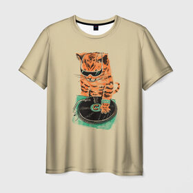 Мужская футболка 3D с принтом Cat DJ в Рязани, 100% полиэфир | прямой крой, круглый вырез горловины, длина до линии бедер | art | cat | dj | goer | musician | party | pop | singer | арт | буп | диджей | кот | кошка | музыкант | певец | поп | тусовщик