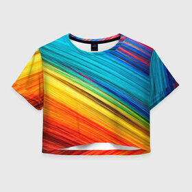 Женская футболка Crop-top 3D с принтом цветной мех диагональ в Рязани, 100% полиэстер | круглая горловина, длина футболки до линии талии, рукава с отворотами | волокна | геометрия | диагональ | краски | мех | полоски | полосы | радуга | текстура | цвета | яркий