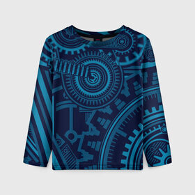 Детский лонгслив 3D с принтом Steampunk Mechanic Blue в Рязани, 100% полиэстер | длинные рукава, круглый вырез горловины, полуприлегающий силуэт
 | Тематика изображения на принте: gears | mechanics | mechanism | steampunk | механизм | механика | стимпанк | шестеренки