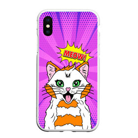 Чехол для iPhone XS Max матовый с принтом Meow Pop Art Cat в Рязани, Силикон | Область печати: задняя сторона чехла, без боковых панелей | comics | kitty | meow | pop art | pop cat | retro | арт | белый кот | взгляд | глаза | голова кота | животные | киска | комикс | кот | кошак | кошечка | мем | мультяшный | мур мур | мяу | поп арт | прикол | пушистик | ретро