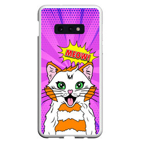 Чехол для Samsung S10E с принтом Meow Pop Art Cat в Рязани, Силикон | Область печати: задняя сторона чехла, без боковых панелей | comics | kitty | meow | pop art | pop cat | retro | арт | белый кот | взгляд | глаза | голова кота | животные | киска | комикс | кот | кошак | кошечка | мем | мультяшный | мур мур | мяу | поп арт | прикол | пушистик | ретро