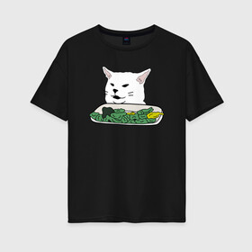 Женская футболка хлопок Oversize с принтом Смадж и овощи в Рязани, 100% хлопок | свободный крой, круглый ворот, спущенный рукав, длина до линии бедер
 | animals | cat | cat meme | kitty | memes | smudge | белый кот | голова кота | еда | животные | звери | злой кот | интернет мемы | интернет приколы | кот за столом | кот мем | котенок | кошак | мемы | овощи | питомец | смадж