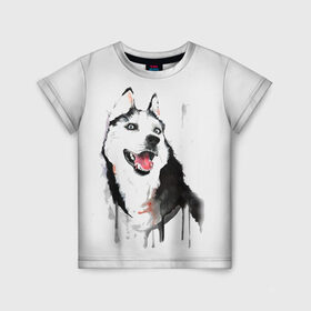 Детская футболка 3D с принтом Хаски красками в Рязани, 100% гипоаллергенный полиэфир | прямой крой, круглый вырез горловины, длина до линии бедер, чуть спущенное плечо, ткань немного тянется | dogs | рисунок | собаки | хаски | щенок