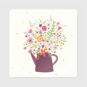 Магнит виниловый Квадрат с принтом Цветы в чайнике в Рязани, полимерный материал с магнитным слоем | размер 9*9 см, закругленные углы | Тематика изображения на принте: рисунок | цветы | цветы в чайнике | чайник