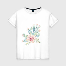 Женская футболка хлопок с принтом цветущий кактус акварель в Рязани, 100% хлопок | прямой крой, круглый вырез горловины, длина до линии бедер, слегка спущенное плечо | акварель | акварельный | весна | кактус | мило | природа | растение | рисунок | суккулент | цветение | цветок | цветущий