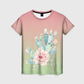 Женская футболка 3D с принтом суккулент градиент в Рязани, 100% полиэфир ( синтетическое хлопкоподобное полотно) | прямой крой, круглый вырез горловины, длина до линии бедер | акварель | акварельный | весна | кактус | мило | природа | растение | рисунок | суккулент | сукулент | цветение | цветок | цветущий | цветы