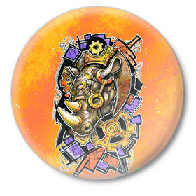 Значок с принтом Стимпанк Носорог - Rhino в Рязани,  металл | круглая форма, металлическая застежка в виде булавки | графика | граффити | кляксы | механика | носорог | оранжевый | от руки | рисунок | скетч | стимпанк | шестерёнки | шестерни | яркий