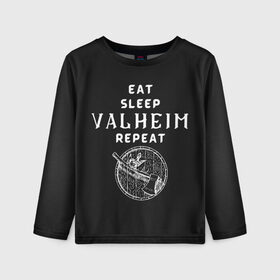 Детский лонгслив 3D с принтом Eat Sleep Valheim Repeat в Рязани, 100% полиэстер | длинные рукава, круглый вырез горловины, полуприлегающий силуэт
 | elder | loki | odin | the | thor | valheim | биврёст | валхейм | вальхейм | викинги | всеотец | дракар | древний | древо | ётун | йотун | локи | мира | один | тор | фенир | хель | черный лес | эйктюр