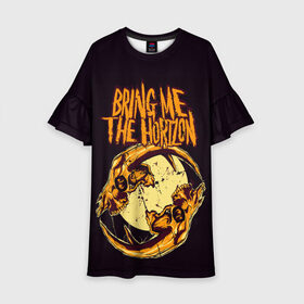 Детское платье 3D с принтом BRING ME THE HORIZON в Рязани, 100% полиэстер | прямой силуэт, чуть расширенный к низу. Круглая горловина, на рукавах — воланы | Тематика изображения на принте: band | bring me the horizon | hardcore | metal | music | punk | rock | skull | бринги | группа | метал | музыка | панк | рок | череп