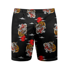 Мужские шорты спортивные с принтом Японский стиль - тигры в Рязани,  |  | арт | животные | облака | огонь | пламя | рисунок | стиль | тигр | японский