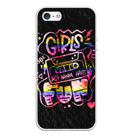 Чехол для iPhone 5/5S матовый с принтом Girls just wanna have fun в Рязани, Силикон | Область печати: задняя сторона чехла, без боковых панелей | 80 е | 80s | disco | fun | girl | joy | listen | love | music | party girl | pop | rap | retro | веселье | девушка | диско | кассета | клуб | любовь | молния | молодость | музыка | пленка | поп | прикол | радость | ретро | рэп | сердце | слушат