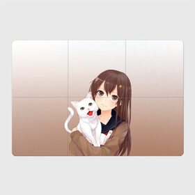Магнитный плакат 3Х2 с принтом Девочка и белый кот аниме в Рязани, Полимерный материал с магнитным слоем | 6 деталей размером 9*9 см | Тематика изображения на принте: аниме | белый котенок | градиент | девочка | девушка | детский | кавай | кот | кошка | манга | мило | мультяшный | персонаж | рисунок