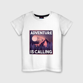 Детская футболка хлопок с принтом Adventure is calling в Рязани, 100% хлопок | круглый вырез горловины, полуприлегающий силуэт, длина до линии бедер | forest | landscape | moon | mountain | mountains | nature | northern lights | polar lights | гора | горы | ели | ель | лес | луна | лучше гор могут быть только горы | пейзаж | приключение | приключения | природа | северное сияние | сосна | с